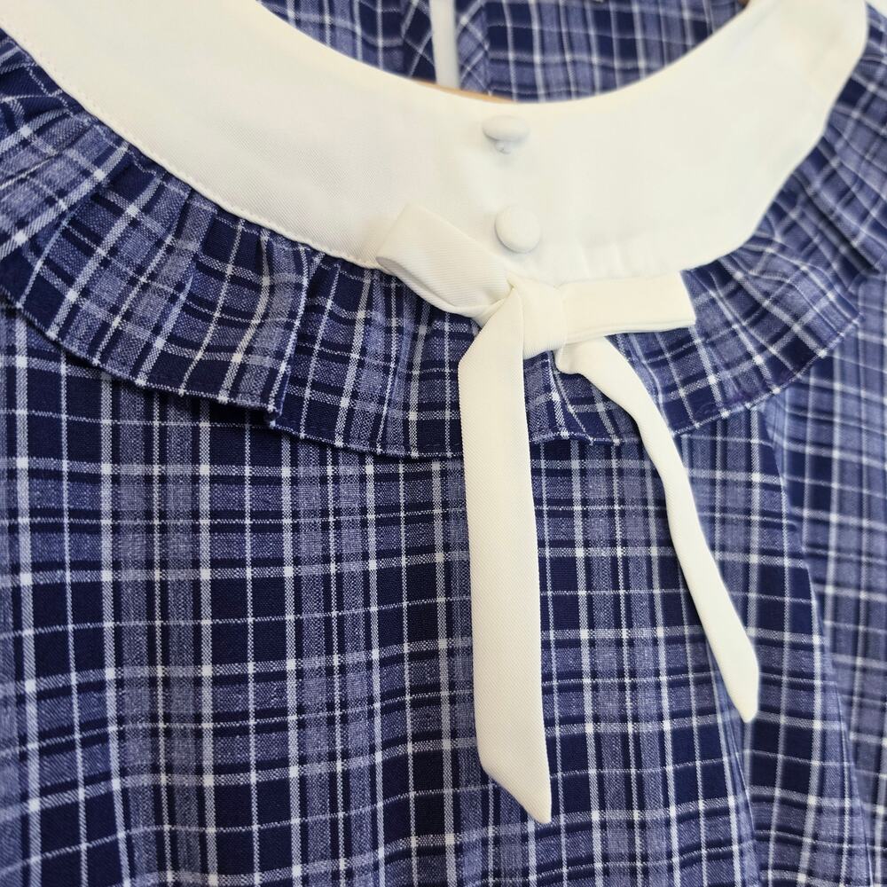 Simple Retro Whitney Round Neck Tie Bow Collision Blue Check Dress Sz Medium - Picture 7 of 11